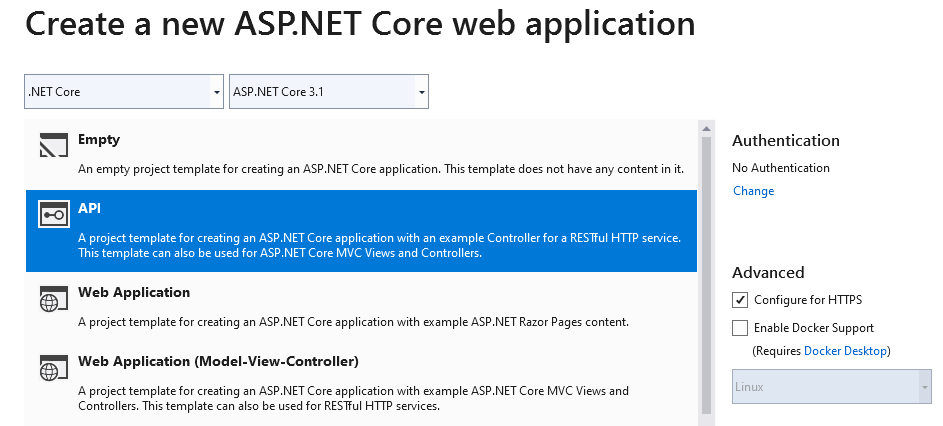 Добавление нового проекта ASP.NET Core Web application